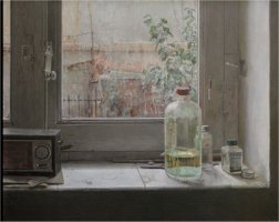 Isabel Quintanilla, Ventana con lluvia, 1970, óleo sobre lienzo, 52,5 × 65 cm. Colección privada, ©Isabel Quintanilla. VEGAP, Madrid, 2024