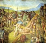 1545-50  La crucifixión de San Pedro, pintura al fresco, 625 x 662 cm.,  Capilla Paulina, Palacios Vaticanos, Vaticano [Detalle]