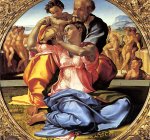 1503-04 Tondo Doni (Sagrada Familia), temple sobre tabla, 120 cm. de di&aacute;metro, Galleria degli Uffizi, Florencia