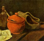 1885 'Naturaleza muerta con olla de barro, botella y zuecos' Nuenen, óleo sobre lienzo, 39 x 41'5 cm., Museo del Estado Kröller-Müller, Otterlo [Detalle]