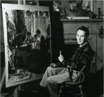 1951 Norman en su estudio en Vermont, posando con su obra La bendición de la mesa