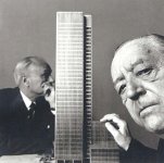 Mies van der Rohe and Philip Johnson Con la maqueta del Seagram Building, 1955. Fotografía de Irving Penn