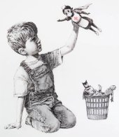 La obra del famoso artista urbano Banksy, titulada “Game Changer”, realizada a carboncillo con un leve detalle en rojo