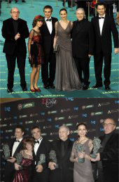 El equipo de la película ganadora de la noche, antes y después de la ceremonia