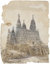 Dibujos realizados a carboncillo, acuarela y gouache sobre fotografía heliográfica, perspectiva interior y exterior de la iglesia