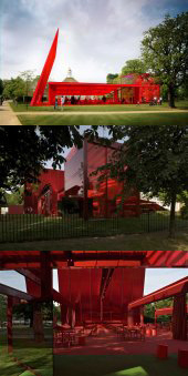 La construcción de Nouvel, un espacio moderno y lleno de energía, con toldos rojos por techo y paredes acristaladas del mismo color