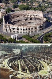 Vista exterior e interior del Coliseo romano